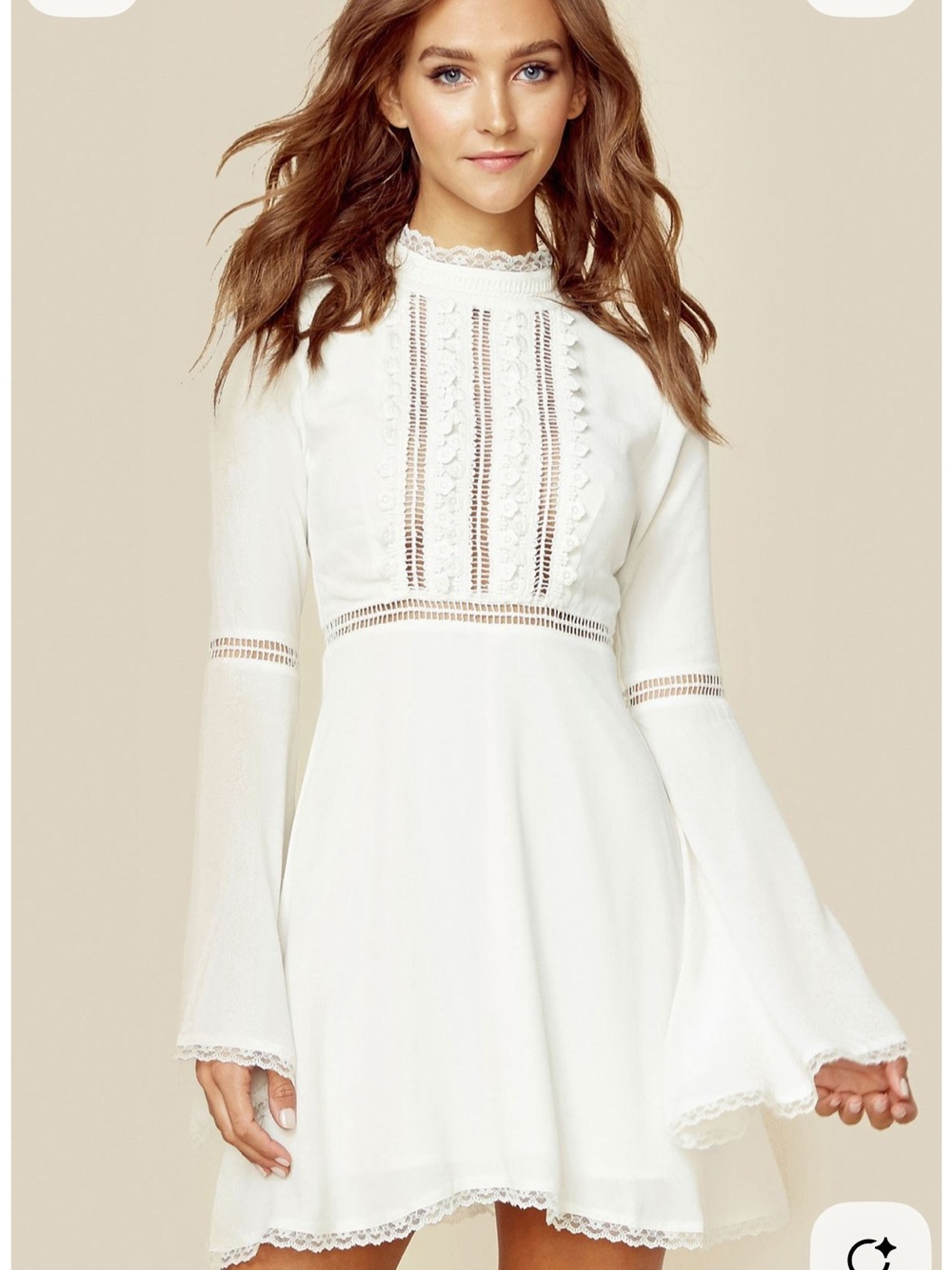 For Love & Lemons White Lace-Trim Long Sleeve Mini Dress